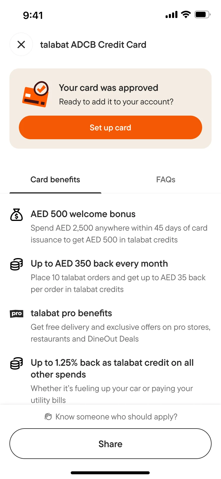 Card status screen showing the Share button added in May 2024 as the initial lean validation of the referral concept